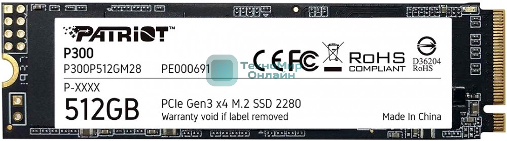 Накопитель SSD Patriot P300, 512Gb, PCIe 3.0 x4, M.2 2280, NVMe, R/W 1700/1200