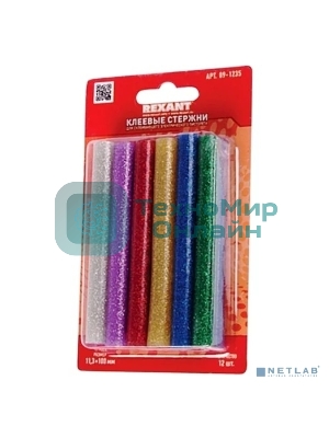 Клеевые стержни Rexant, Ø11 мм, 100 мм, цветные с блестками, 12 шт., блистер