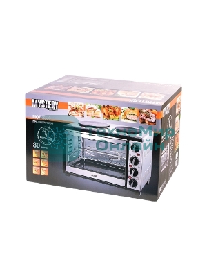 Мини-печь Mystery MOT-3330 (нержавеющая сталь, 1500 Вт, 2 конфорки, гриль, съемный вертел)