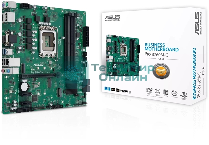 Материнская плата ASUS Pro B760M-C-CSM, LGA 1700, Intel B760, 4xDDR5, 4xSATA, 2xM.2, 1xPCI-E 4.0 x16, 2xPCI-E x1, 1x 1Gb LAN, 2xUSB-A 2.0, 2xUSB-A 3.2 Gen 1, 1xHDMI, 1xVGA, 2xDP, 3x3.5 мм, 7.1, Micro-ATX