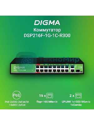 Коммутатор Digma DSP216F-1G-1C-R300 (L2) 16x100 Мбит/с 1x1 Гбит/с 1xКомбо(1000BASE-T/SFP) 16PoE 16PoE+ 2PoE++ 300W неуправляемый