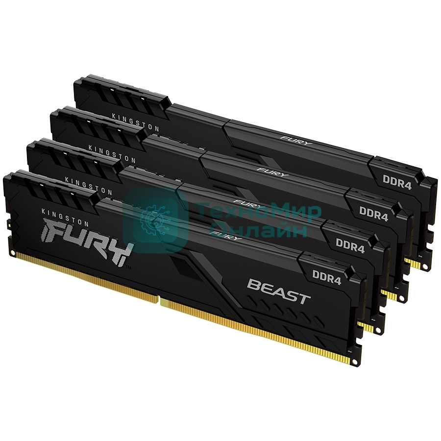 Оперативная память Kingston Fury Beast, DDR4, 32GB (4x8GB), 3600MHz, CL17, DIMM, с радиаторами, черный