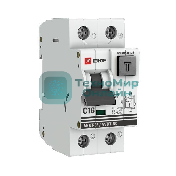 Выключатель автоматический дифференциального тока EKF DA63-16-30e АВДТ-63 16А/30мА (хар-ка C, электронный тип A) 6кА EKF PROxima