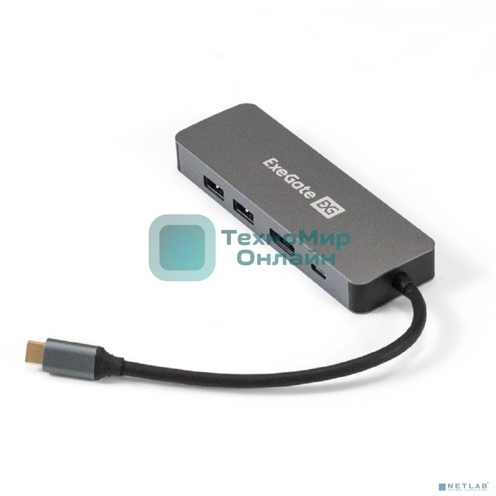 USB-концентратор ExeGate DUB-21C/PD/HL (кабель-адаптер USB Type-C --> 2xUSB3.0 + PD 100W + HDMI 4K@60Hz + Lan RJ45 10/100/1000Mb, Plug&Play, серая)