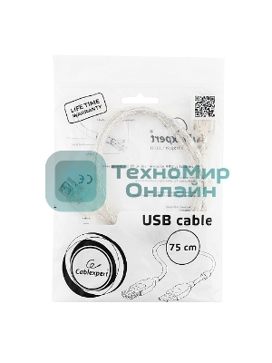 Кабель-удлинитель USB2.0 Pro Cablexpert CCF-USB2-AMAF-TR-0.75M, AM/AF, 0,75м, экран, 2феррит.кольца, прозрачный, пакет
