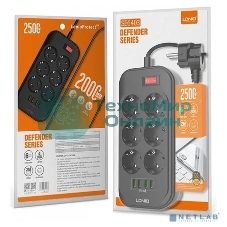 Сетевой фильтр Perfeo LD_B4436 LDNIO SE6403/ Сетевой удлинитель 2м + ЗУ на 4 USB/ 6 розеток (медь) - 2500W/ USB - 17W/ черный/серый