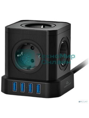 Сетевой фильтр Cablexpert Tower, TWR-5-U4-B-2, 5 р, 10А, 4хUSB, 3.1А, 2 м, ур.защиты 4+, черный, коробка