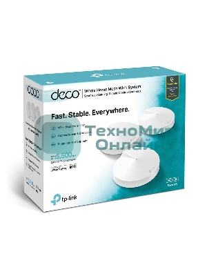 Маршрутизатор TP-Link TP-Link DECO M5(3-PACK) AC1300 Домашняя Wi-Fi система, чипсет Qualcomm, два диапазона (Dual-Band), поддержка стандартов 802.11ac/a/b/g/n, 717 МГц четырехъядерный процессор, Bluetooth 4.2, 2 гигабитных порта Ethernet, 1 порт USB Type-C, 4 встроенные антенны, 256QAM, MU-MIMO, HomeCare