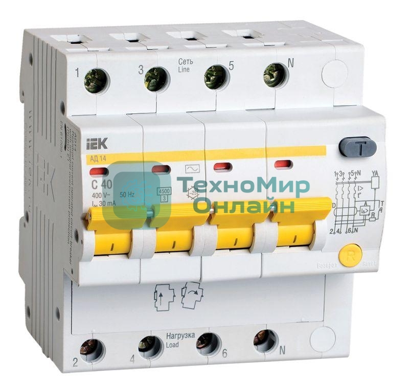 Выключатель автоматическийIEK MAD10-4-040-C-030 АД14 4Р 40А30мА IEK