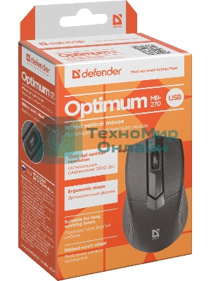 Мышь проводная Defender Optimum MB-270 черный, 1000 dpi, USB, кнопки - 3