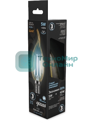 Лампа светодиодная филаментная Gauss Filament 5Вт цок.: E14 свеча 220B св. свеч. бел. нейт. (упак.: 10 шт)