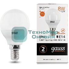 Лампа светодиодная Gauss Elementary 8Вт цок.: E14 шар 220B 3000K св. свеч. белый теп. P45 (упак.: 10 шт)