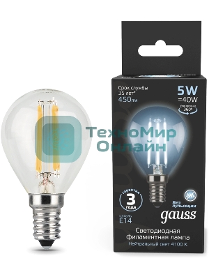 Лампа светодиодная филаментная Gauss Filament 5Вт цок.: E14 свеча 220B св. свеч. бел.нейт. (упак.: 10 шт)