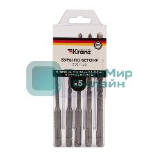 Набор буров по бетону Kranz 5-6х110, 6-8-10х160 мм, 5 шт., в пластиковой коробке SDS PLUS