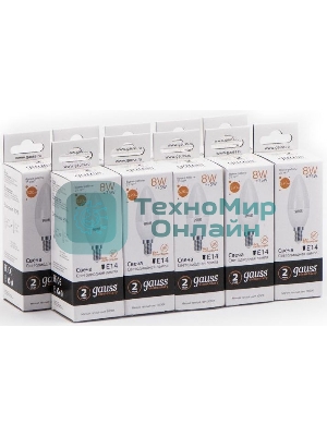 Светодиодная лампа Gauss Elementary 8Вт цок.: E14 свеча 220B 3000K св. свеч. белый. теп. С37 (упак.: 10 шт)