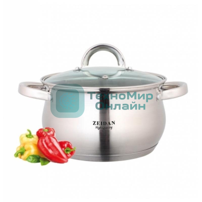 Кастрюля со стеклянной крышкой Zeidan Z-50237 2,1 л (д.16х10.5 см), нерж.сталь, внутренняя -зеркальная полировка, снаружи - комбинированная полировка, шкала литража, 5-ти слойное капсулир. дно, подарочная упаковка с пластиковой ручкой.
