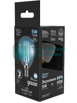 Лампа светодиодная филаментная Gauss Filament 5Вт цок.: E14 свеча 220B св. свеч. бел.нейт. (упак.: 10 шт)