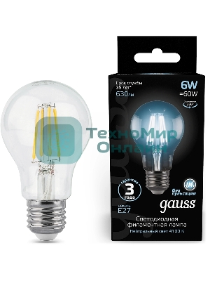 Лампа светодиодная Gauss 102802206LED Filament А60 Е27 6Вт 4100к 1/10/40
