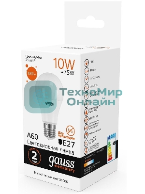 Лампа светодиодная Gauss Elementary 10Вт цок.: E27 груша 220B 3000K св. свеч. белый теп. A60 (упак.: 10 шт)