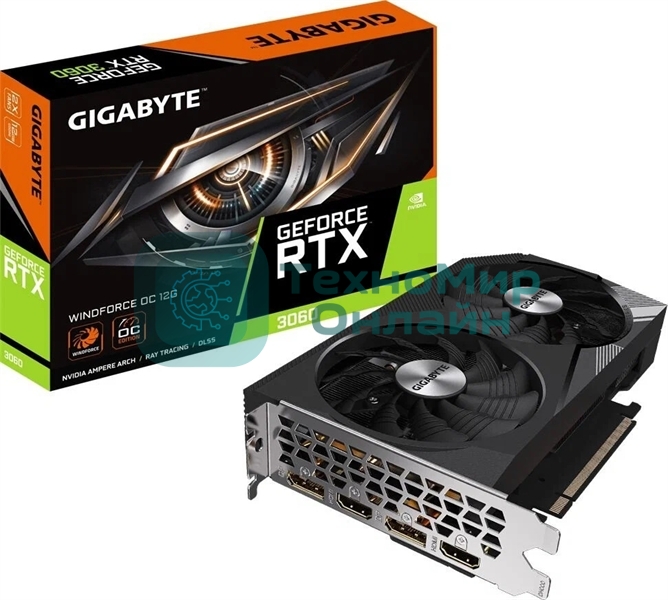 Видеокарта Gigabyte GV-N3060WF2OC-12GD (V2.0) PCIE16 12288Mb 192 GDDR6 1792/15000 HDMIx2 DPx2 HDCP Ret