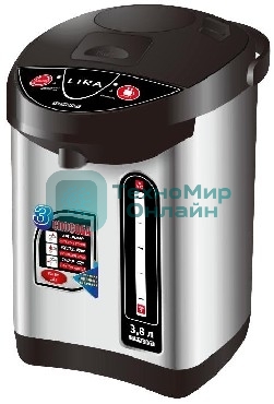 Термопот LIRA LR 0401 нержавеющая сталь объем 3,8 л, мощность 800 Вт, 220В/50Гц, корпус и колба из нержавеющей стали, 3 способа подачи воды: при нажатии чашкой на клапан, с помощью насоса, с помощью электропомпы, Функция повторного кипячения, Ручка для переноски, Индикатор уровня воды.