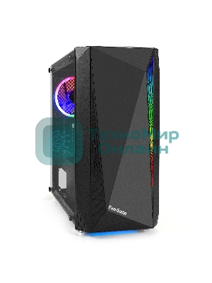 Компьютерный корпус Minitower ExeGate Mistery R2-NPX600 (mATX, БП 600NPX с вент. 12 см, 2*USB+1*USB 3.0, аудио, черный, 1 вент. 12см с RGb подсветкой и полоса на передней панели, боковая панель - закаленное стекло)
