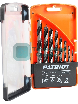 Набор сверл по дереву PATRIOT спиральные, W-образная заточка, 8 шт: 3, 4, 5, 6, 7, 8, 9, 10 мм, в пластиковом боксе