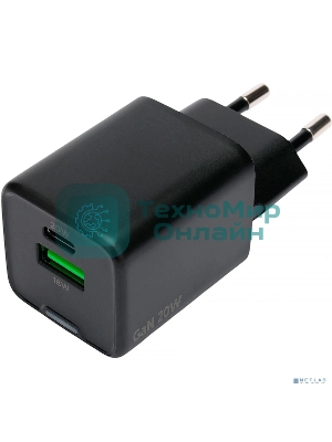 Зарядное устройство Cablexpert MP3A-PC-62, 20Вт GaN, 3А, QC4.0/PD, 1xUSB, 1xType-C, черный, пакет