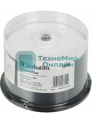 Диск DVD-R Verbatim 4.7Gb 16x Cake Box (50шт) Printable (43755)