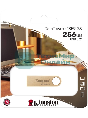 Флешка USB Kingston DataTraveler SE9 G3 (DTSE9G3/256Gb), 256Gb, USB 3.2 Gen 1, R/W 220/100, золотистый