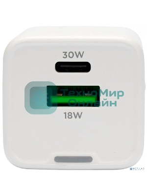 Зарядное устройство Cablexpert MP3A-PC-63, 30Вт GaN, 3А, QC4.0/PD, 1xUSB, 1xType-C, белый, пакет