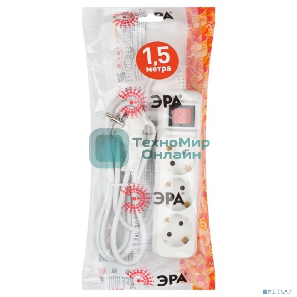 Удлинитель электрический UX-3es-1.5m с заземлением с выключателем 3 розетки 1.5м ПВС 3х0.75кв.мм 10А Эра Б0057740