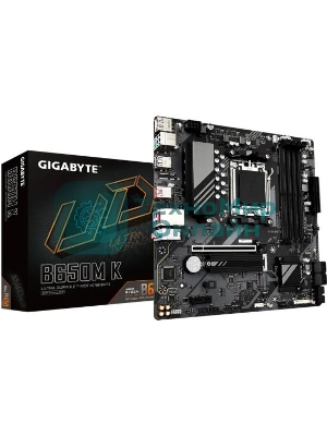 Материнская плата GIGABYTE B650M K, AM5, AMD B650, 4xDDR5, 4xSATA, 2xM.2, 1xPCIe 4.0 x16, 1xPCIe x1, 1xHDMI, 1xDP, 1x2.5Gb LAN, 1xUSB 3.2 Gen 2, 2xUSB 3.2 Gen 1, 4xUSB 2.0, 3x3.5 мм, 7.1, micro-ATX