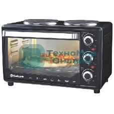 Мини-печь Sakura SA-7002HBK 48л, 3600Вт, духовка 2000Вт, конфорки 185мм+155мм (1000Вт+600Вт), механ.управление, 3 режима работы духовки (верх, низ, верх+низ), раздельная регулировка температуры духовки и конфорок, комплектация - металлическая решетка, противень и ухват. чёрны