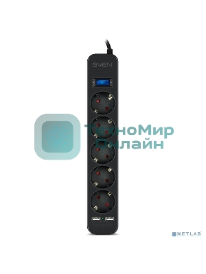 Фильтр SVEN SF-05LU 1,8 м (5 евро розеток,2хUSB(2,4А)) черный, цветная коробка Surge protector SVEN SF-05LU 1,8 м (5 евро розеток,2хUSB(2,4А)) черный, цветная коробка
