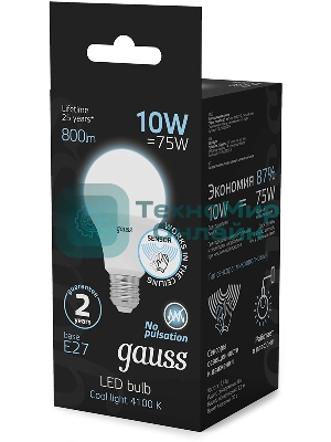 Лампа светодиодная Gauss 102502210-M 10Вт цок.: E27 груша 220B св. свеч. бел. нейт. A60 (упак.: 10 шт)