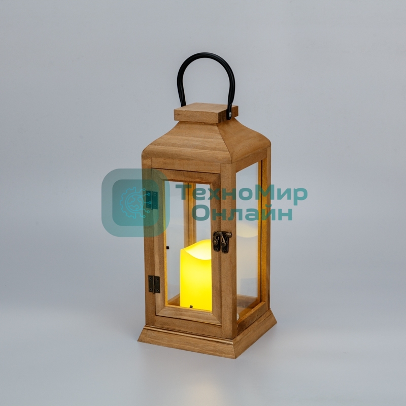 Фонарь декоративный со свечкой Neon-night, корпус из дерева, коричневый, 15х15х38cм, теплый белый