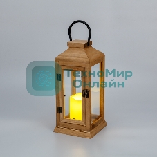 Фонарь декоративный со свечкой Neon-night, корпус из дерева, коричневый, 15х15х38cм, теплый белый