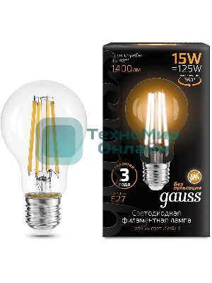 Лампа светодиодная Gauss Filament 102902115 15Вт цок.: E27 груша 220B св. свеч. бел. теп. (упак.: 10 шт)