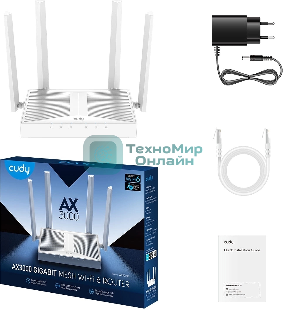 Роутер беспроводной Cudy WR3000E 2.0 Гигабитный роутер Wi-Fi 6 AX3000, 2,4/5 ГГц, до 2976 Мбит/с, 5x1 Гбит/с, IPv6, 4 антенны, черный