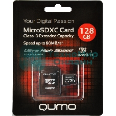 Флеш карта Micro SecureDigital 128Gb QUMO QM128GMICSDXC10U1 MicroSDXC Class 10 UHS-I, SD adapter