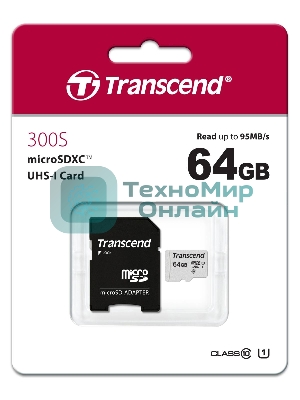 Флеш карта Micro SecureDigital 64Gb Transcend Class 10 TS64GUSD300S-A MicroSDXC Class 10 UHS-I, SD adapter