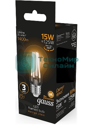 Лампа светодиодная Gauss Filament 102902115 15Вт цок.: E27 груша 220B св. свеч. бел. теп. (упак.: 10 шт)
