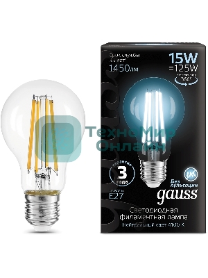 Лампа светодиодная Gauss Filament 102902215 15Вт цок.: E27 груша 220B св. свеч. бел. нейт. (упак.: 10 шт)