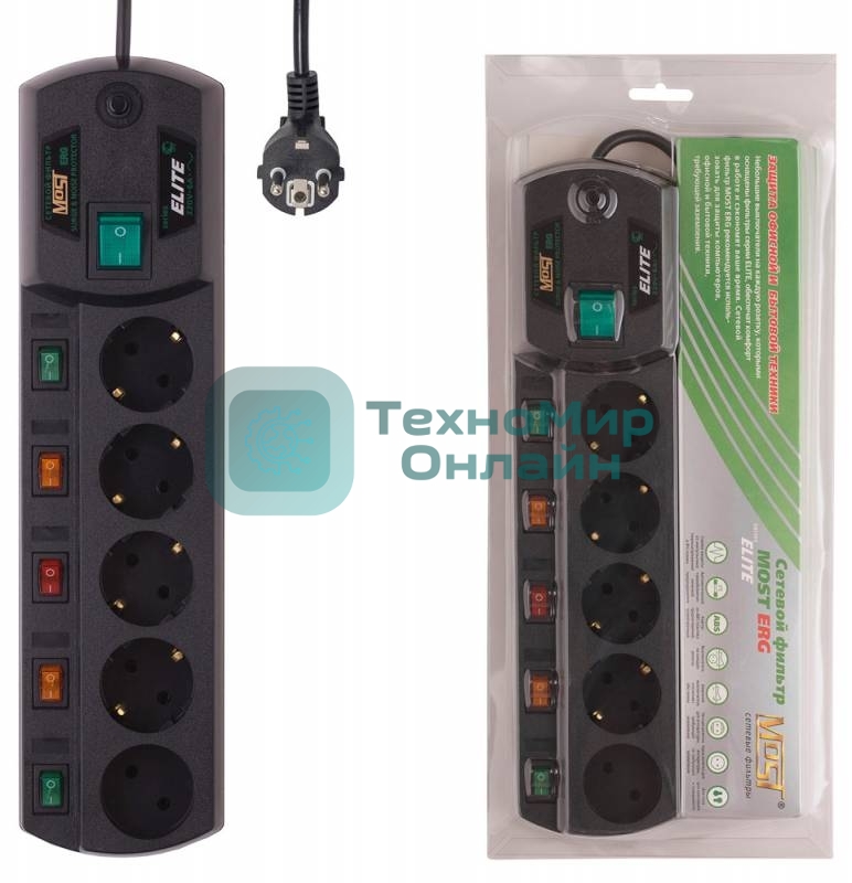 Сетевой фильтр Most ERG 2 м (5 розеток) черный (коробка)