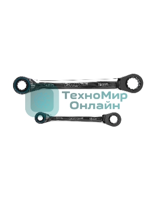 Набор ключей накидных Gross 14893 с трещоткой, 8 - 19 мм, 2 шт., многоразмерные, реверсивные, CrV