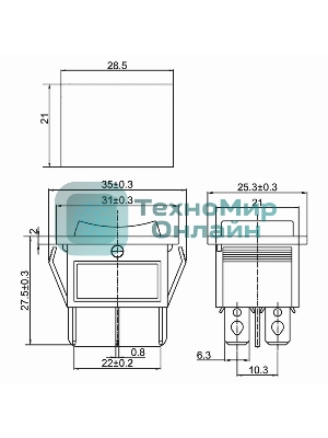 Выключатель клавишный Rexant 250V 15А (6с) ON-OFF-ON черный с нейтралью (RWB-508, SC-767) (в упак. 1 шт.)