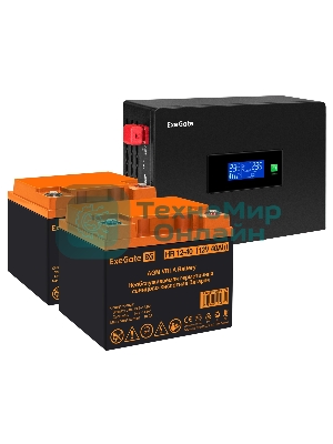 Комплект Источник бесперебойного питания EX295994RUS + батарея 40Aч EX282979RUS 2шт (инвертор, синус, для котла, PF=1, настенный) ExeGate IdealSine SR-1500.LCD.2SH  <1500VA/1500W, чистая синусоида, цветной LCD-дисплей, 2*Schuko, крепление настенное, черный> + батарея ExeGate HR 12-40 (12В, 40Ач) 2шт