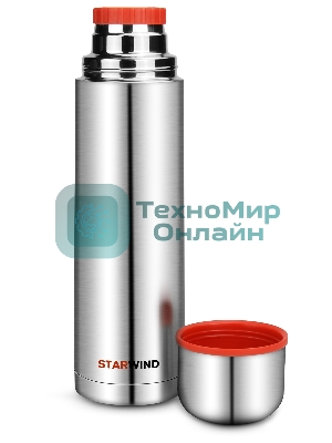 Термос Starwind 10-1000 1 л. серебристый/красный, картонная коробка