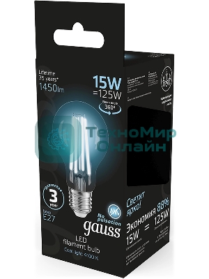 Лампа светодиодная Gauss Filament 102902215 15Вт цок.: E27 груша 220B св. свеч. бел. нейт. (упак.: 10 шт)